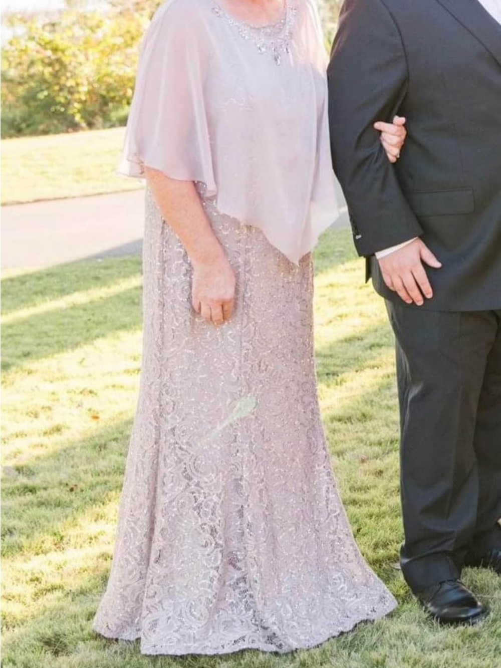 David's Bridal Blush Lace Evening Gown with Sheer Capelet